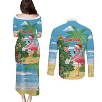 Flamingo Hawaii Summer Christmas Personalized Couples Matching Puletasi and Long Sleeve Button Shirt Mele Kalikimaka Beachy Vibes