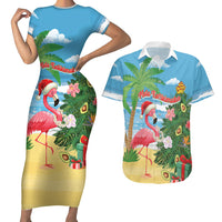 Flamingo Hawaii Summer Christmas Personalized Couples Matching Short Sleeve Bodycon Dress and Hawaiian Shirt Mele Kalikimaka Beachy Vibes LT14 Blue - Polynesian Pride