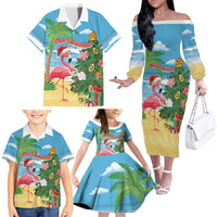 Flamingo Hawaii Summer Christmas Personalized Family Matching Off The Shoulder Long Sleeve Dress and Hawaiian Shirt Mele Kalikimaka Beachy Vibes
