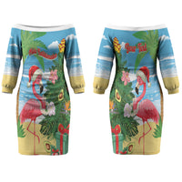 Flamingo Hawaii Summer Christmas Personalized Family Matching Off The Shoulder Long Sleeve Dress and Hawaiian Shirt Mele Kalikimaka Beachy Vibes LT14 Mom's Dress Blue - Polynesian Pride