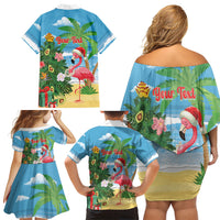 Flamingo Hawaii Summer Christmas Personalized Family Matching Off Shoulder Short Dress and Hawaiian Shirt Mele Kalikimaka Beachy Vibes LT14 Mom's Dress Blue - Polynesian Pride