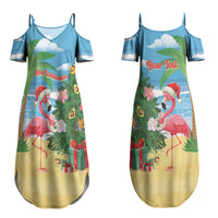 Flamingo Hawaii Summer Christmas Personalized Family Matching Summer Maxi Dress and Hawaiian Shirt Mele Kalikimaka Beachy Vibes LT14 Mom's Dress Blue - Polynesian Pride