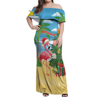 Flamingo Hawaii Summer Christmas Personalized Off Shoulder Maxi Dress Mele Kalikimaka Beachy Vibes LT14 Women Blue - Polynesian Pride