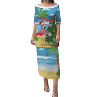 Flamingo Hawaii Summer Christmas Personalized Puletasi Mele Kalikimaka Beachy Vibes LT14 Long Dress Blue - Polynesian Pride