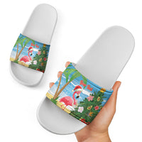 Flamingo Hawaii Summer Christmas Personalized Slide Sandals Mele Kalikimaka Beachy Vibes