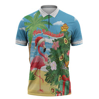 Flamingo Hawaii Summer Christmas Personalized Zipper Polo Shirt Mele Kalikimaka Beachy Vibes