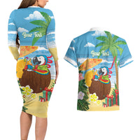 Chilling Parrot Hawaii Summer Christmas Personalized Couples Matching Long Sleeve Bodycon Dress and Hawaiian Shirt It's 5 O'Clock Somewhere Beachy Vibes