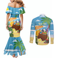 Chilling Parrot Hawaii Summer Christmas Personalized Couples Matching Mermaid Dress and Long Sleeve Button Shirt It's 5 O'Clock Somewhere Beachy Vibes