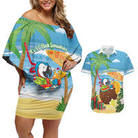 Chilling Parrot Hawaii Summer Christmas Personalized Couples Matching Off Shoulder Short Dress and Hawaiian Shirt It's 5 O'Clock Somewhere Beachy Vibes