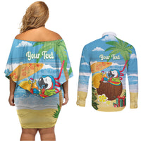 Chilling Parrot Hawaii Summer Christmas Personalized Couples Matching Off Shoulder Short Dress and Long Sleeve Button Shirt It's 5 O'Clock Somewhere Beachy Vibes