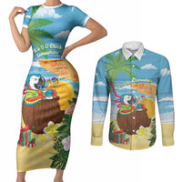 Chilling Parrot Hawaii Summer Christmas Personalized Couples Matching Short Sleeve Bodycon Dress and Long Sleeve Button Shirt It's 5 O'Clock Somewhere Beachy Vibes LT14 Blue - Polynesian Pride