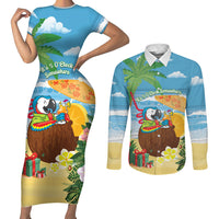 Chilling Parrot Hawaii Summer Christmas Personalized Couples Matching Short Sleeve Bodycon Dress and Long Sleeve Button Shirt It's 5 O'Clock Somewhere Beachy Vibes