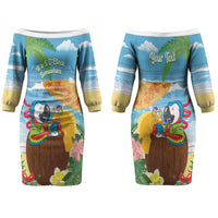 Chilling Parrot Hawaii Summer Christmas Personalized Family Matching Off The Shoulder Long Sleeve Dress and Hawaiian Shirt It's 5 O'Clock Somewhere Beachy Vibes LT14 Mom's Dress Blue - Polynesian Pride