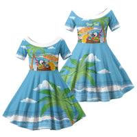 Chilling Parrot Hawaii Summer Christmas Personalized Family Matching Off The Shoulder Long Sleeve Dress and Hawaiian Shirt It's 5 O'Clock Somewhere Beachy Vibes LT14 Daughter's Dress Blue - Polynesian Pride