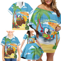 Chilling Parrot Hawaii Summer Christmas Personalized Family Matching Off Shoulder Short Dress and Hawaiian Shirt It's 5 O'Clock Somewhere Beachy Vibes