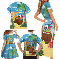 Chilling Parrot Hawaii Summer Christmas Personalized Family Matching Short Sleeve Bodycon Dress and Hawaiian Shirt It's 5 O'Clock Somewhere Beachy Vibes LT14 Mom's Dress Blue - Polynesian Pride