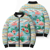 Flamingo Hawaii Summer Bomber Puffer Jacket Hawaiian Lei Pakala Motifs Tropical Style