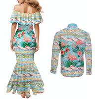 Flamingo Hawaii Summer Couples Matching Mermaid Dress and Long Sleeve Button Shirt Hawaiian Lei Pakala Motifs Tropical Style