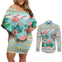 Flamingo Hawaii Summer Couples Matching Off Shoulder Short Dress and Long Sleeve Button Shirt Hawaiian Lei Pakala Motifs Tropical Style