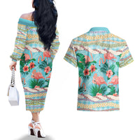 Flamingo Hawaii Summer Couples Matching Off The Shoulder Long Sleeve Dress and Hawaiian Shirt Hawaiian Lei Pakala Motifs Tropical Style