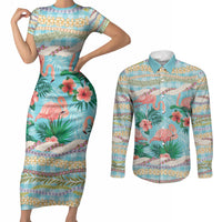 Flamingo Hawaii Summer Couples Matching Short Sleeve Bodycon Dress and Long Sleeve Button Shirt Hawaiian Lei Pakala Motifs Tropical Style LT14 Cyan - Polynesian Pride