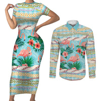 Flamingo Hawaii Summer Couples Matching Short Sleeve Bodycon Dress and Long Sleeve Button Shirt Hawaiian Lei Pakala Motifs Tropical Style