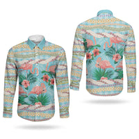Flamingo Hawaii Summer Couples Matching Short Sleeve Bodycon Dress and Long Sleeve Button Shirt Hawaiian Lei Pakala Motifs Tropical Style LT14 - Polynesian Pride