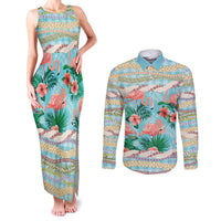 Flamingo Hawaii Summer Couples Matching Tank Maxi Dress and Long Sleeve Button Shirt Hawaiian Lei Pakala Motifs Tropical Style