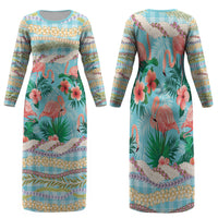 Flamingo Hawaii Summer Family Matching Long Sleeve Bodycon Dress and Hawaiian Shirt Hawaiian Lei Pakala Motifs Tropical Style LT14 Mom's Dress Cyan - Polynesian Pride