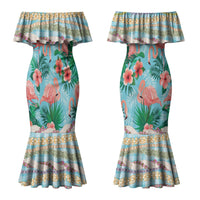 Flamingo Hawaii Summer Family Matching Mermaid Dress and Hawaiian Shirt Hawaiian Lei Pakala Motifs Tropical Style LT14 Mom's Dress Cyan - Polynesian Pride