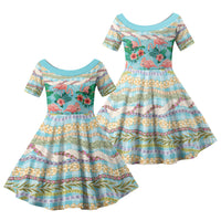 Flamingo Hawaii Summer Family Matching Mermaid Dress and Hawaiian Shirt Hawaiian Lei Pakala Motifs Tropical Style LT14 Daughter's Dress Cyan - Polynesian Pride