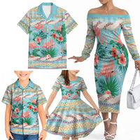 Flamingo Hawaii Summer Family Matching Off The Shoulder Long Sleeve Dress and Hawaiian Shirt Hawaiian Lei Pakala Motifs Tropical Style LT14 - Polynesian Pride