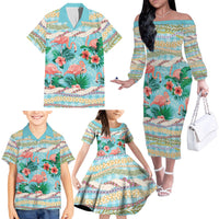 Flamingo Hawaii Summer Family Matching Off The Shoulder Long Sleeve Dress and Hawaiian Shirt Hawaiian Lei Pakala Motifs Tropical Style