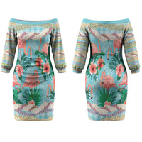 Flamingo Hawaii Summer Family Matching Off The Shoulder Long Sleeve Dress and Hawaiian Shirt Hawaiian Lei Pakala Motifs Tropical Style LT14 Mom's Dress Cyan - Polynesian Pride
