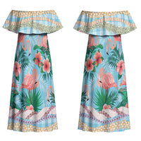 Flamingo Hawaii Summer Family Matching Off Shoulder Maxi Dress and Hawaiian Shirt Hawaiian Lei Pakala Motifs Tropical Style LT14 Mom's Dress Cyan - Polynesian Pride