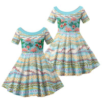Flamingo Hawaii Summer Family Matching Off Shoulder Maxi Dress and Hawaiian Shirt Hawaiian Lei Pakala Motifs Tropical Style LT14 Daughter's Dress Cyan - Polynesian Pride