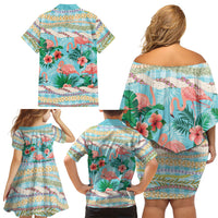 Flamingo Hawaii Summer Family Matching Off Shoulder Short Dress and Hawaiian Shirt Hawaiian Lei Pakala Motifs Tropical Style LT14 Mom's Dress Cyan - Polynesian Pride