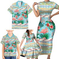 Flamingo Hawaii Summer Family Matching Short Sleeve Bodycon Dress and Hawaiian Shirt Hawaiian Lei Pakala Motifs Tropical Style