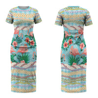 Flamingo Hawaii Summer Family Matching Short Sleeve Bodycon Dress and Hawaiian Shirt Hawaiian Lei Pakala Motifs Tropical Style LT14 Mom's Dress Cyan - Polynesian Pride