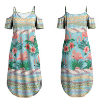 Flamingo Hawaii Summer Family Matching Summer Maxi Dress and Hawaiian Shirt Hawaiian Lei Pakala Motifs Tropical Style LT14 Mom's Dress Cyan - Polynesian Pride