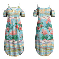 Flamingo Hawaii Summer Family Matching Summer Maxi Dress and Hawaiian Shirt Hawaiian Lei Pakala Motifs Tropical Style LT14 Mom's Dress Cyan - Polynesian Pride