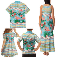 Flamingo Hawaii Summer Family Matching Tank Maxi Dress and Hawaiian Shirt Hawaiian Lei Pakala Motifs Tropical Style LT14 Mom's Dress Cyan - Polynesian Pride