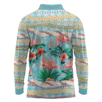 Flamingo Hawaii Summer Long Sleeve Polo Shirt Hawaiian Lei Pakala Motifs Tropical Style