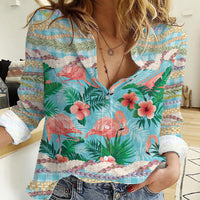 Flamingo Hawaii Summer Women Casual Shirt Hawaiian Lei Pakala Motifs Tropical Style