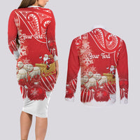 New Zealand Christmas In July Personalised Couples Matching Long Sleeve Bodycon Dress and Long Sleeve Button Shirt Funny Santa Sheep Meri Kirihimete Red