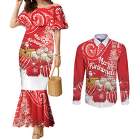 New Zealand Christmas In July Personalised Couples Matching Mermaid Dress and Long Sleeve Button Shirt Funny Santa Sheep Meri Kirihimete Red