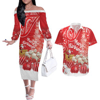 New Zealand Christmas In July Personalised Couples Matching Off The Shoulder Long Sleeve Dress and Hawaiian Shirt Funny Santa Sheep Meri Kirihimete Red
