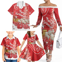 New Zealand Christmas In July Personalised Family Matching Off The Shoulder Long Sleeve Dress and Hawaiian Shirt Funny Santa Sheep Meri Kirihimete Red LT14 - Polynesian Pride