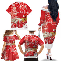 New Zealand Christmas In July Personalised Family Matching Off The Shoulder Long Sleeve Dress and Hawaiian Shirt Funny Santa Sheep Meri Kirihimete Red
