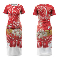 New Zealand Christmas In July Personalised Family Matching Short Sleeve Bodycon Dress and Hawaiian Shirt Funny Santa Sheep Meri Kirihimete Red LT14 Mom's Dress Red - Polynesian Pride